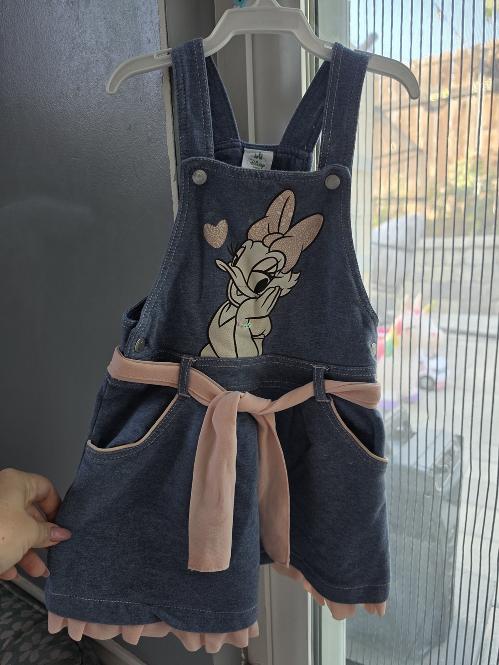 Disney Navy Denim Daisy Duck Overall Dress with Pink Bow Tie